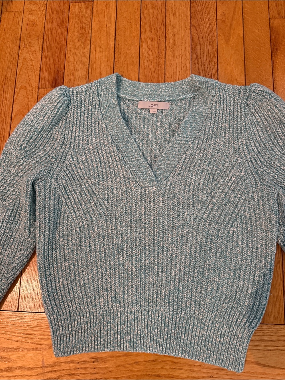LOFT Light Blue Marled V-Neck Ribbed Sweater